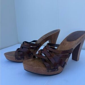 MIA Brown Leather Strappy Wood Platform Mules